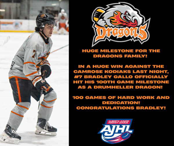 Bradley Gallo Hits 100th Game Milestone with the Drumheller Dragons